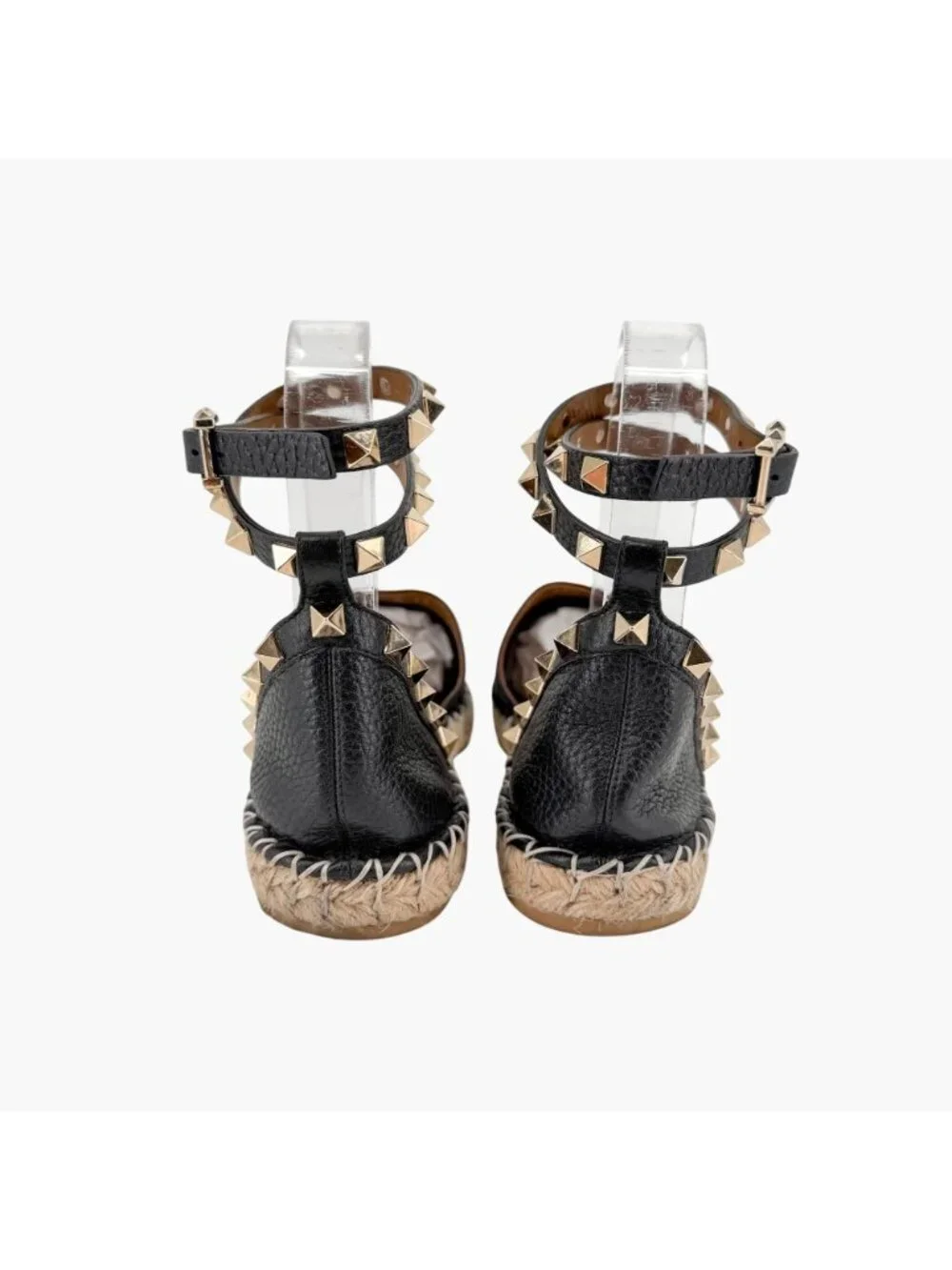 Valentino Garavani Rockstud Espadrille Flat Sandals Black Leather Size 38 US 8